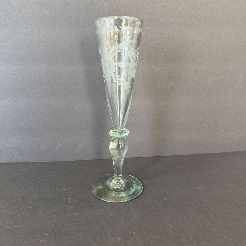 Vintage Etched Glass Champagne Flute 9.5" Tall Elegant Floral Design